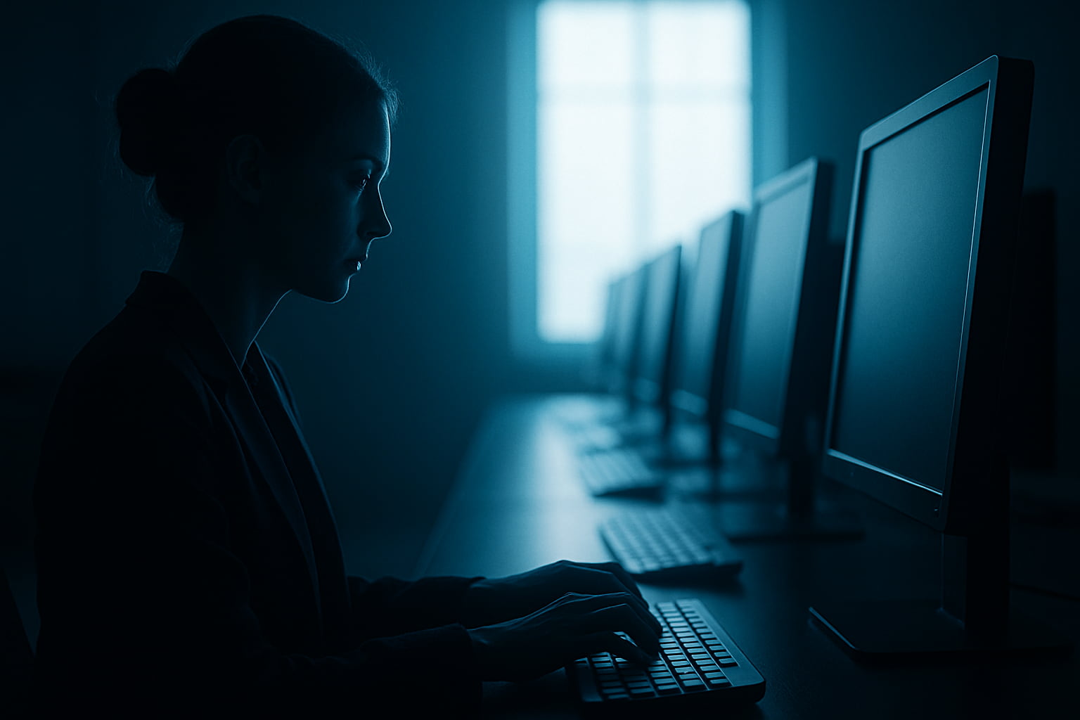Woman working at multiple computer screens in a dark room