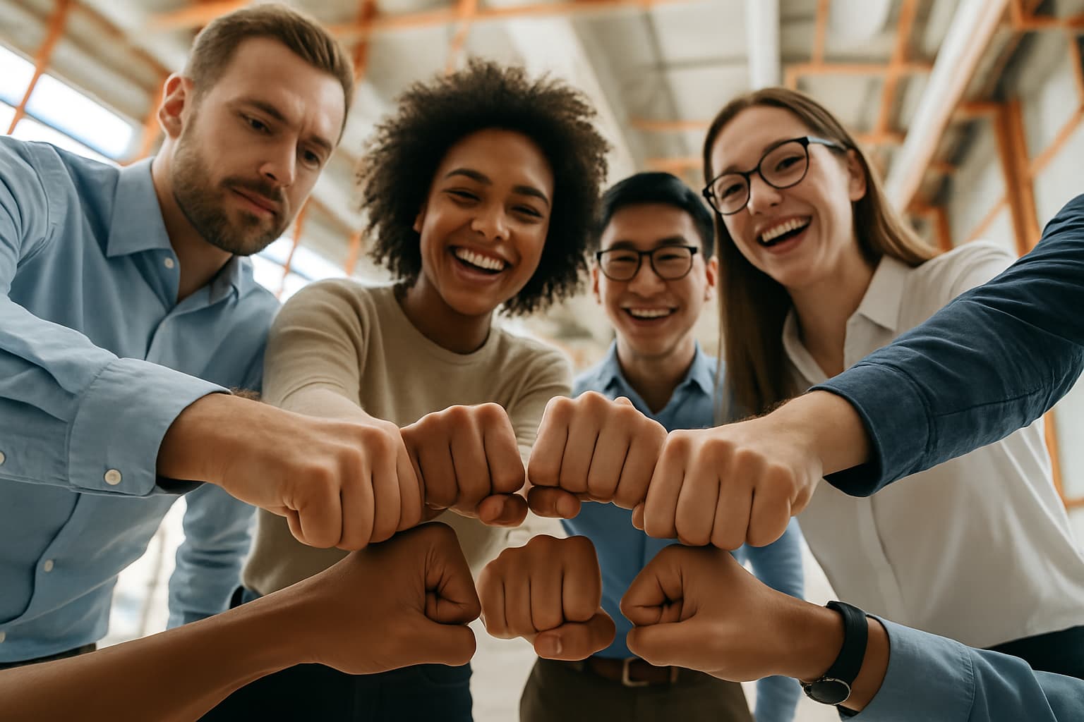 Diverse group of hands together in a circle, symbolizing teamwork
